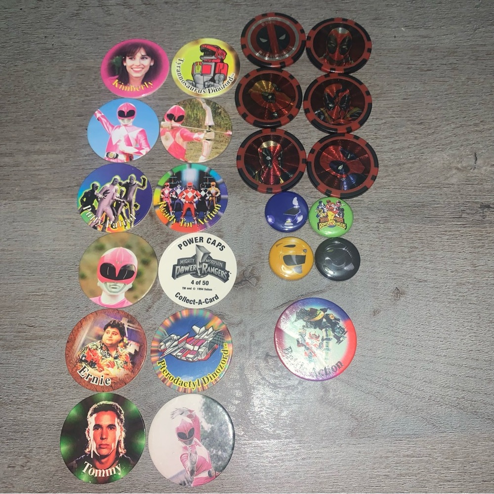 Retro 1994 Power Ranger Pogs, pins & Deadpool token set